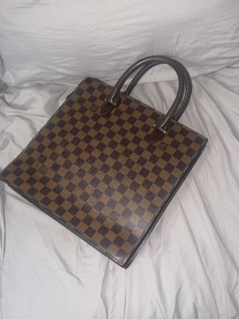 Brown Checkered Top-Handle Travel Tote